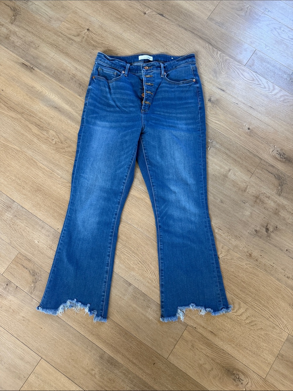LOFT Medium Blue Crop Flare Jeans with Frayed Hem